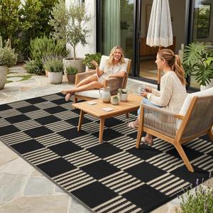 Garvee Waterproof Outdoor Rug 5x8, Checkered Foldable Plastic Straw Patio Camping Rug, Outdoor RV Carpet for Deck Camper Porch Balcony Backyard Picnic Beach Black and Brown