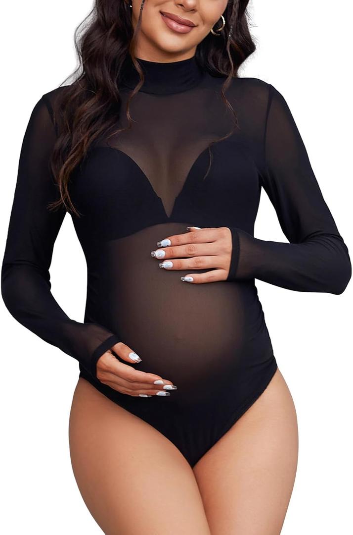 Bhome Mock Neck Maternity Bodysuit for Photoshoot Sheer Mesh Maternity Photography Outfits (Large, Black)