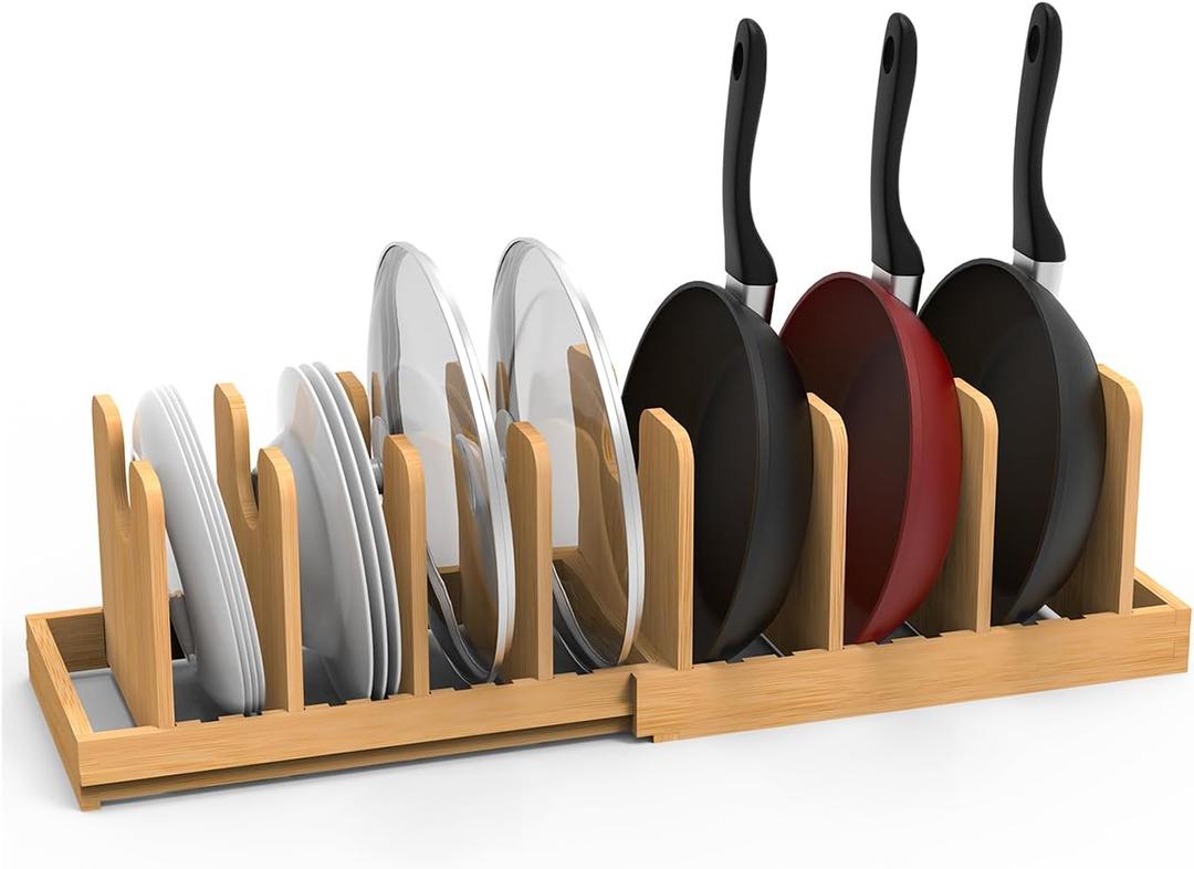 Expandable Pot Lid Organizer, Bamboo Pot and Pan Organizer for Under Cabinet, 16" to 28" Adjustable Length and 10 Dividers