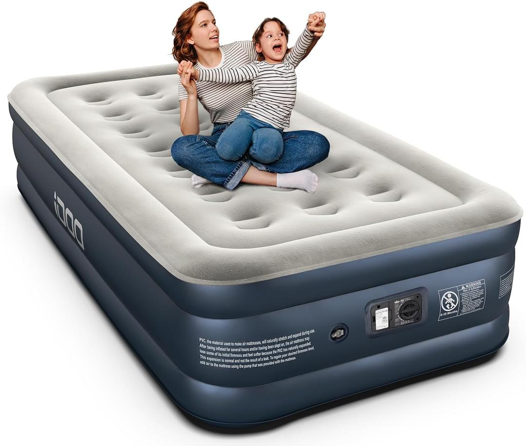 iDOO Luxury Twin Air Mattress with Built in Pump, 18" Raised Comfort Blow up Mattress, Inflatable Mattress for Guests & Home, Air Bed, colchon inflable, Upgraded Four Chamber Technical Airbed (Grey)