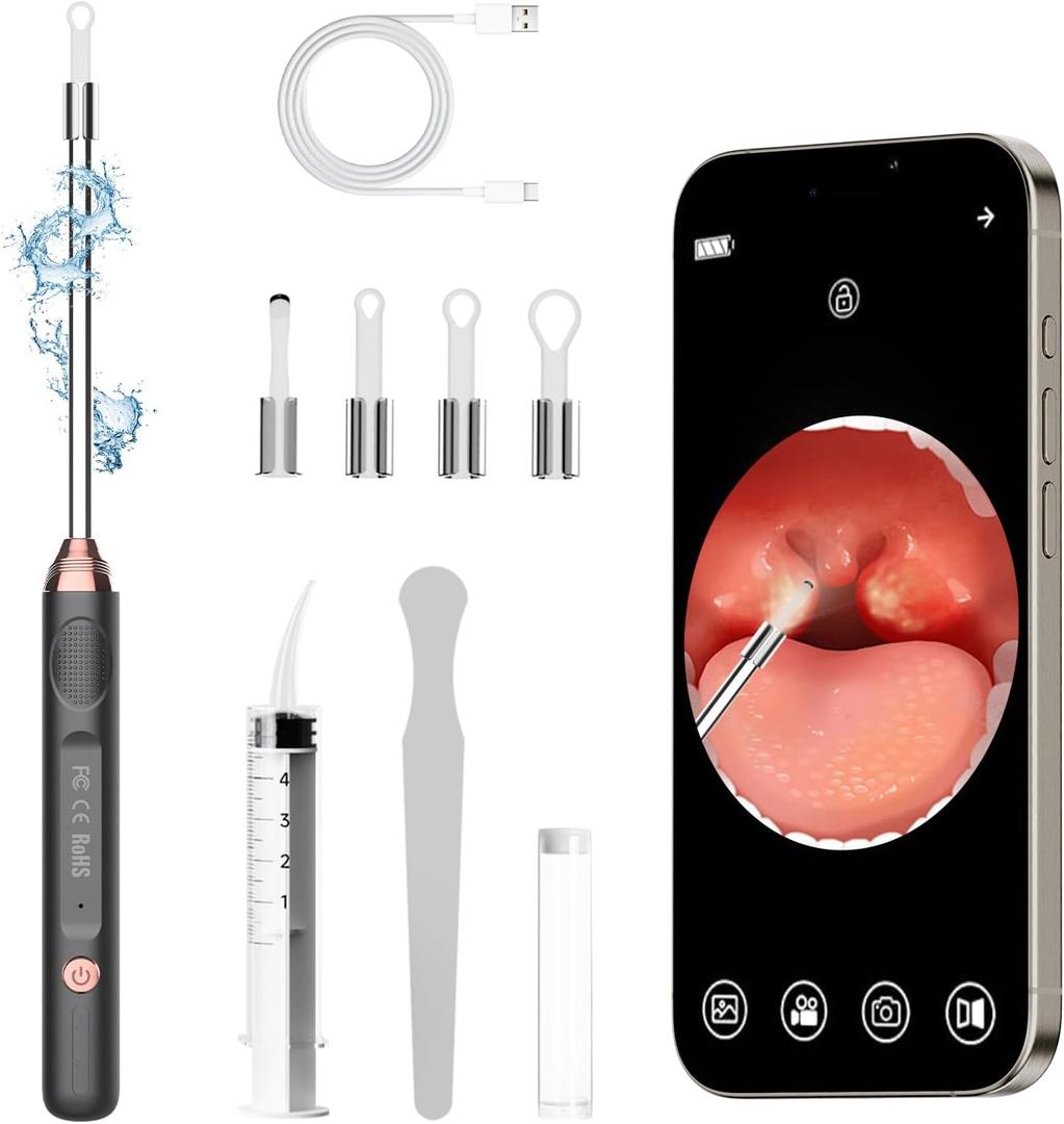 Tonsil Stone Remover with CameraTonsil Stone Removal Tool with LED LightTonsilCleaner for Tonsil Stone RemovalTonsillolith Removal Tool with 4 Head Attachments for iOS & Android (Black and Gold)