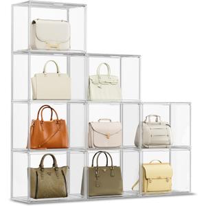 Purse Organizer for Closet, Clear Acrylic Display Case for Handbag Organizer, Stackable Purse Storage Box with Magnetic Door, Plastic Holder Containers for Book, Collectibles, Cosmetic 9 Pack