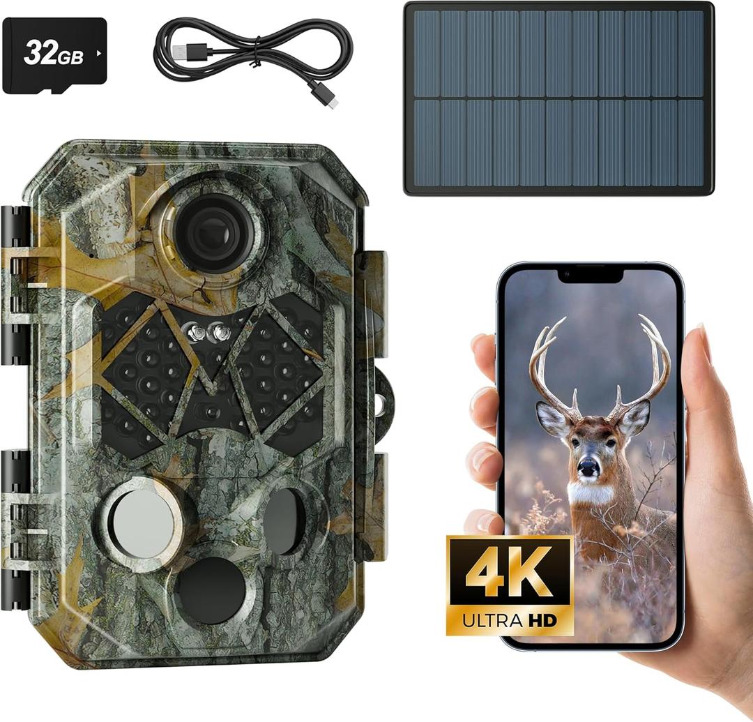 Solar Trail Camera WiFi-Trail Camera with 10000mAh Rechargeable Battery Pack 4K 64MP Game Cameras with Night Vision IP66 Waterproof 120 Detection Angle 0.2s Trigger 940nm No Glow LED Wildlife