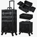 FRENESSA 3 in 1 Rolling Makeup Train Case Professional Cosmetic Trolley Large Storage with Keys Swivel Wheels Salon Barber Case Traveling Cart Trunk for Make Up Hairstylists Nail Tech, Alpine Black