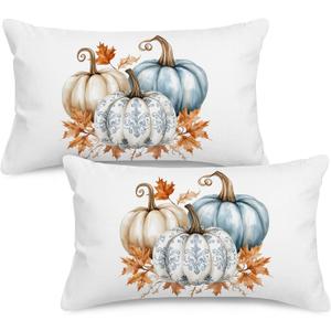 Fall Lumbar Pillow Covers 12x20 inch Set of 2 White Linen Decorative Throw Pillowcases, Double-Sided Pumpkin Print, Slightly Water-Resistant, Cushion Covers for Autumn Home Dcor