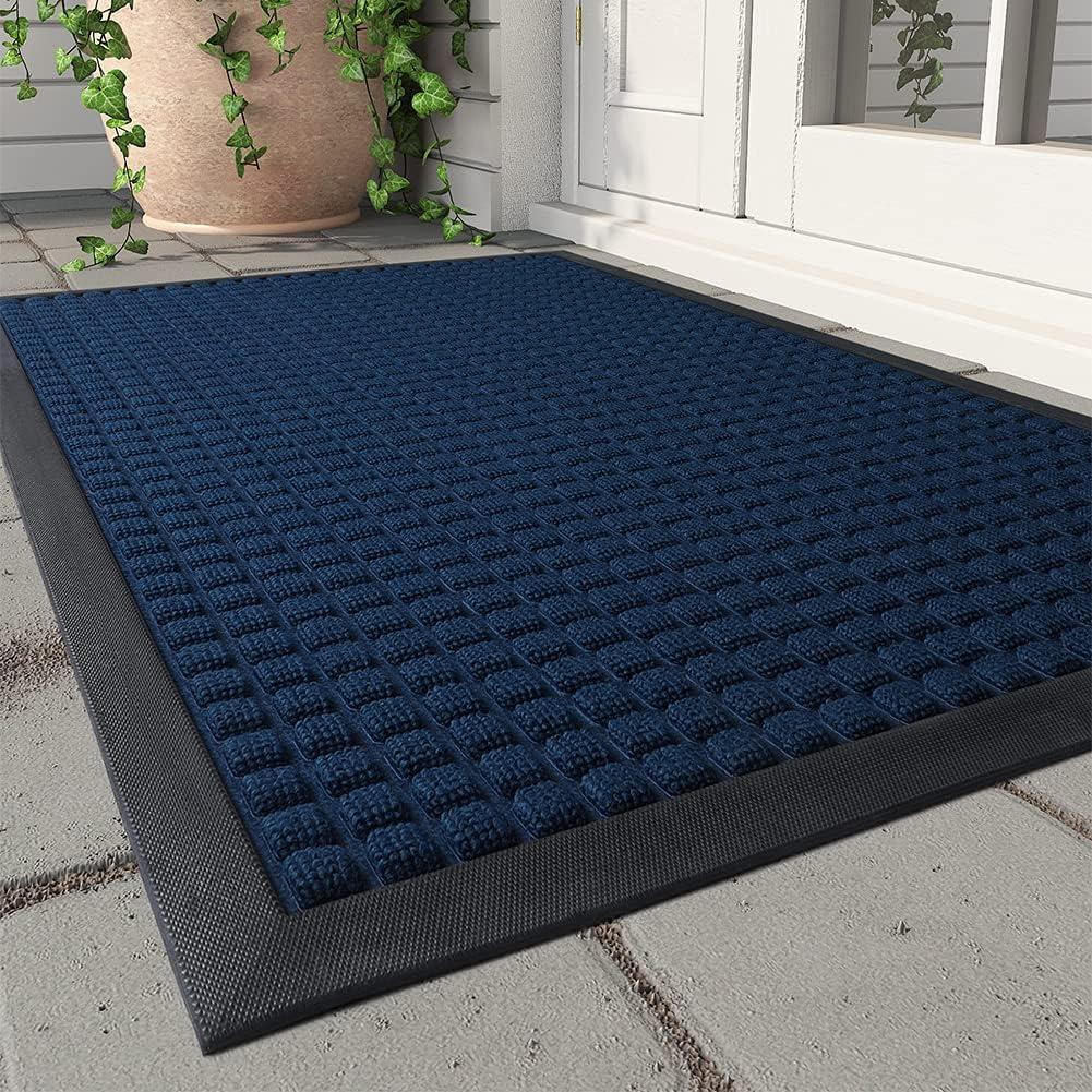MontVoo-Front Door Mat Outside Entrance Doormat-Outdoor Indoor Door Mat for Entryway-Welcome Mat Thick Durable Rubber Backed Door Entry Mat Non Slip Dirt Trapper Absorbent-Blue 17x30 (2'6" x 1'5", Checker-navy)