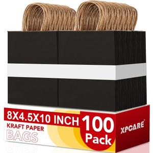 XPCARE 100Pack Black Paper Bags 8x4.5x10 Inch, Plain Medium Paper Bags with Handles Bulk, Kraft Paper Gift Bag, Retail, Party, Shopping, Favor Bag