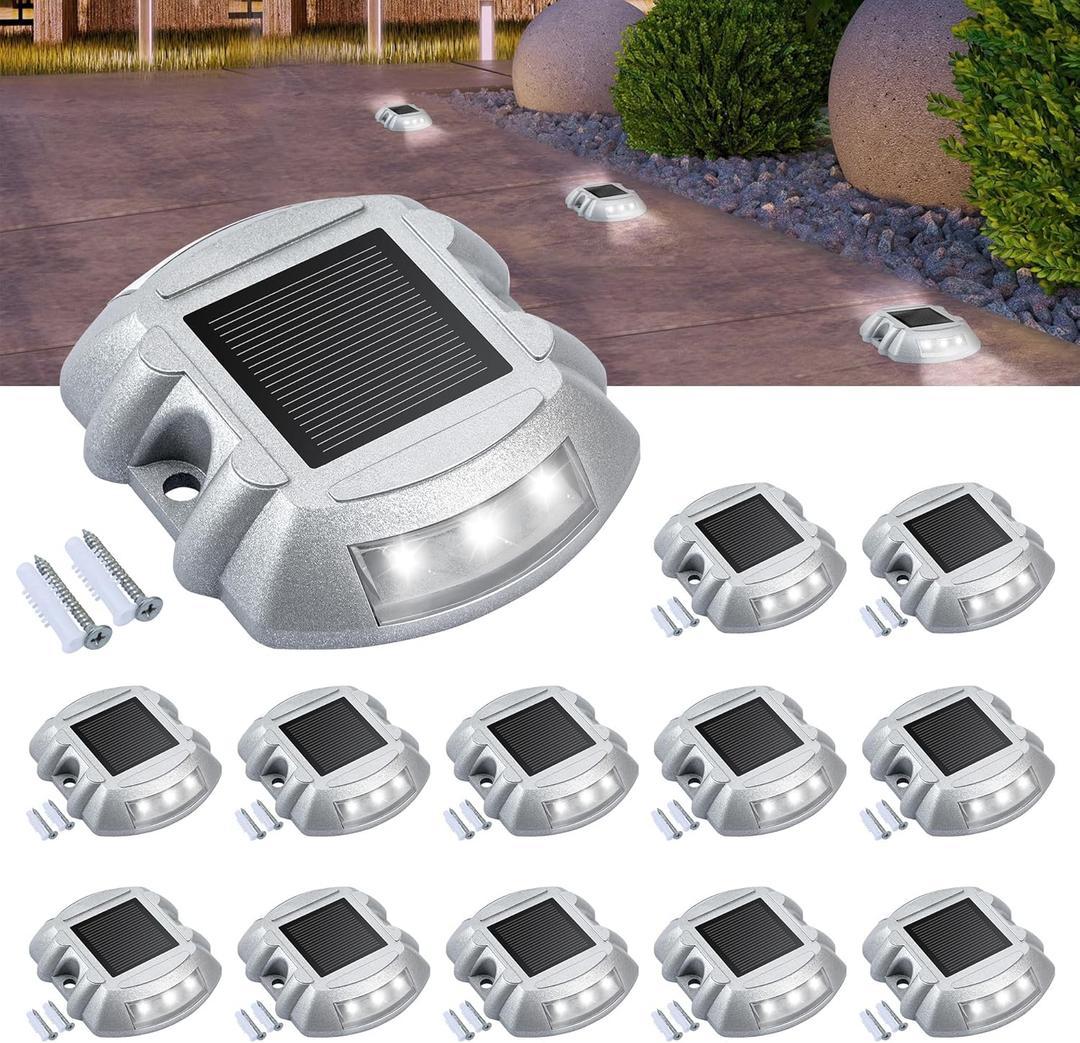 CXRCY Solar Deck Light, 12-Pack Solar Step, Solar Driveway Lights Outdoor IP67 Waterproof Step LED Pathway Road Marker for Sidewalk Stair Garden Pathway Walkway Yard (White)
