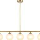 BYOLIIMA Modern Brushed Brass Linear Chandelier Over Table Frosted Striped Glass Shade Gold Mid Century Sputnik Globe Pendant Light Farmhouse Ceiling Hanging Light Fixture Dining Room Kitchen Island