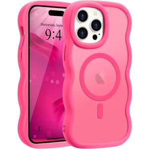 Magnetic for iPhone 14 Pro Max Case [Compatible with Magsafe] Translucent Matte Cute Curly Wave Frame Phone Case,Soft TPU Bumper Slim Fit Shockproof Protective Cover for Men Women-Hot Pink