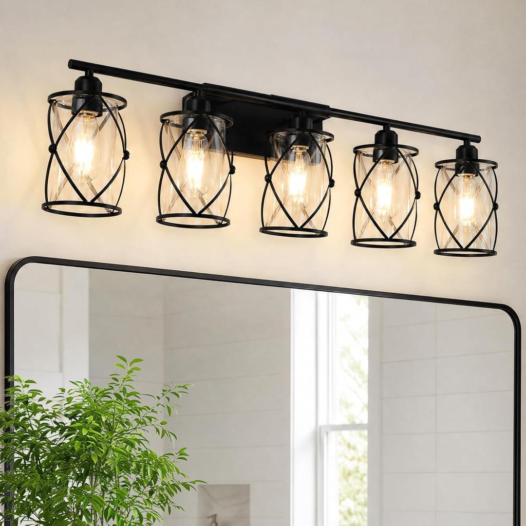 5-Light Matte Black Bathroom Light Fixtures Over Mirror, 38" UL-Listed Modern Wall Sconce Lights with Clear Glass and Metal Cage for Bath, Hardwire E26, CH9176BK-5W, 5-Light, 38.5" L