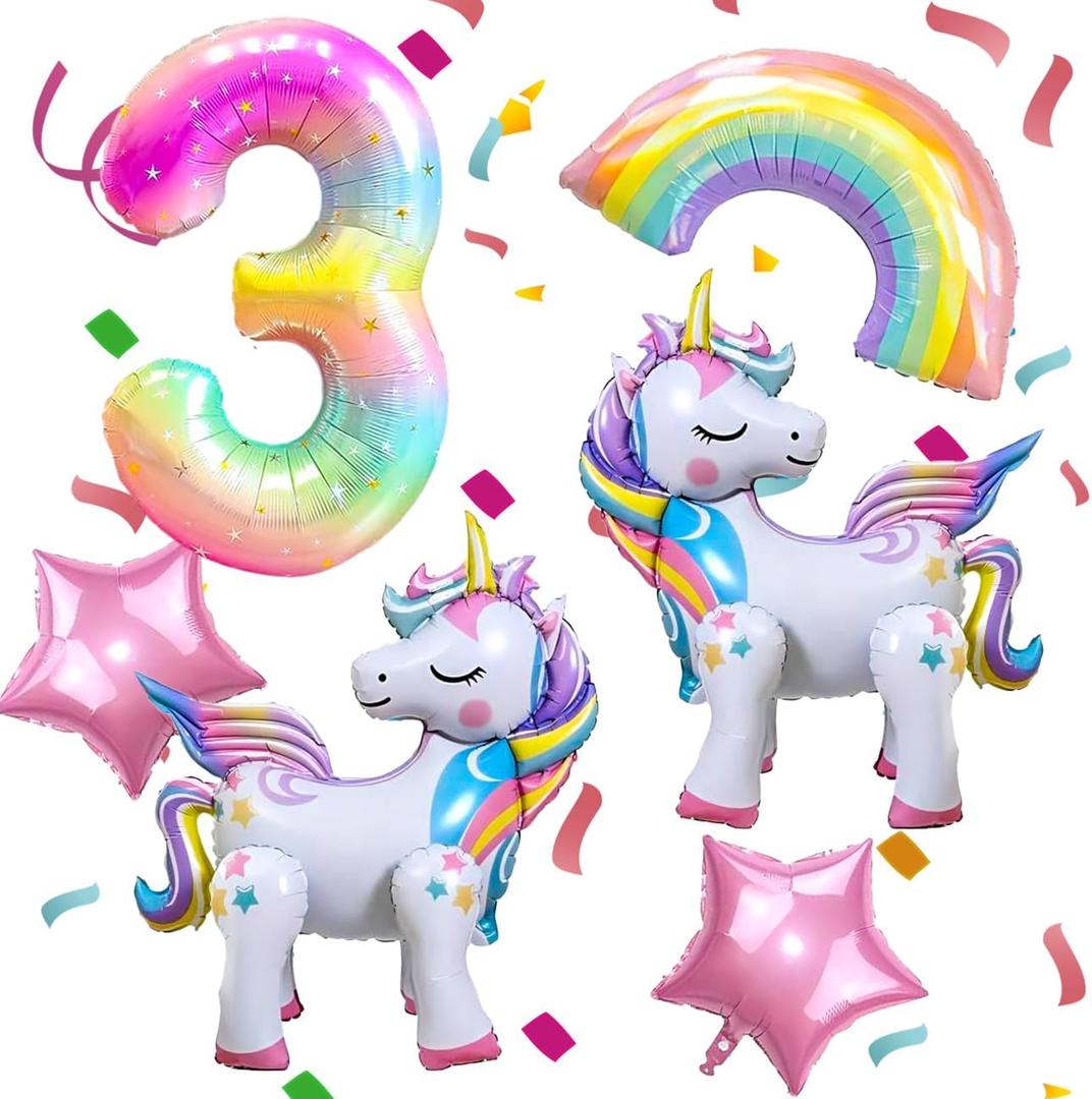 6PCS Self Standing Unicorn Balloons, Unicorn Balloon, Large Rainbow Balloon, Colorful Number 3 and Star Balloons for Girl 3rd Birthday Party Decorations Supplies.(3rd)