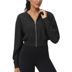 THE GYM PEOPLE Women's Cropped Jackets Full Zip Long Sleeve Ribbed Workout Sweatshirts Lightweight Casual Tops (X-Large, Black)