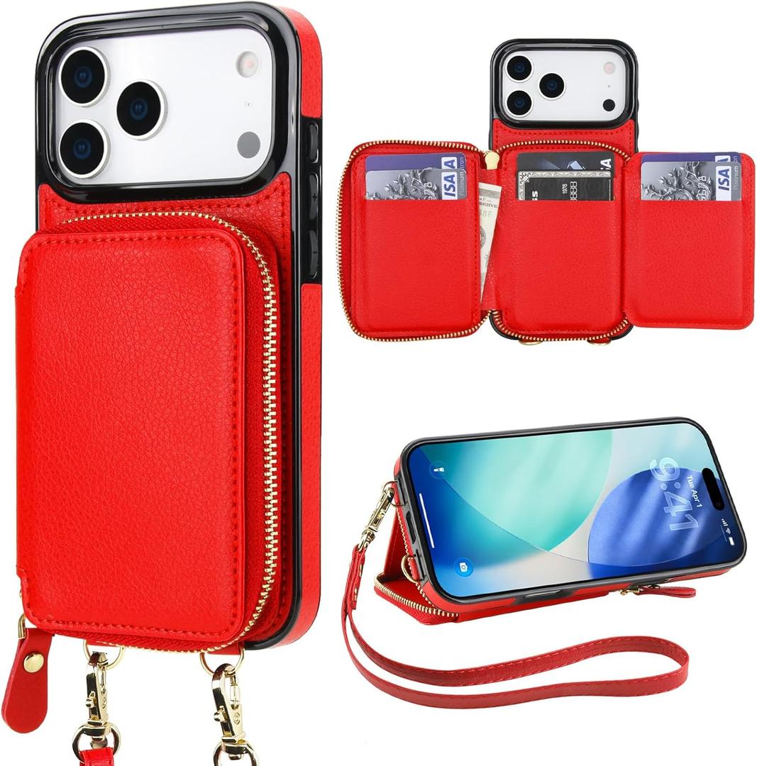 Bocasal for MagSafe Crossbody Wallet Case Compatible with iPhone 17 Pro Max, RFID Blocking Protective Purse Case with Card Slots Holder Kickstand Wrist Strap Lanyard Zipper 6.9 Inch 5G (Red)