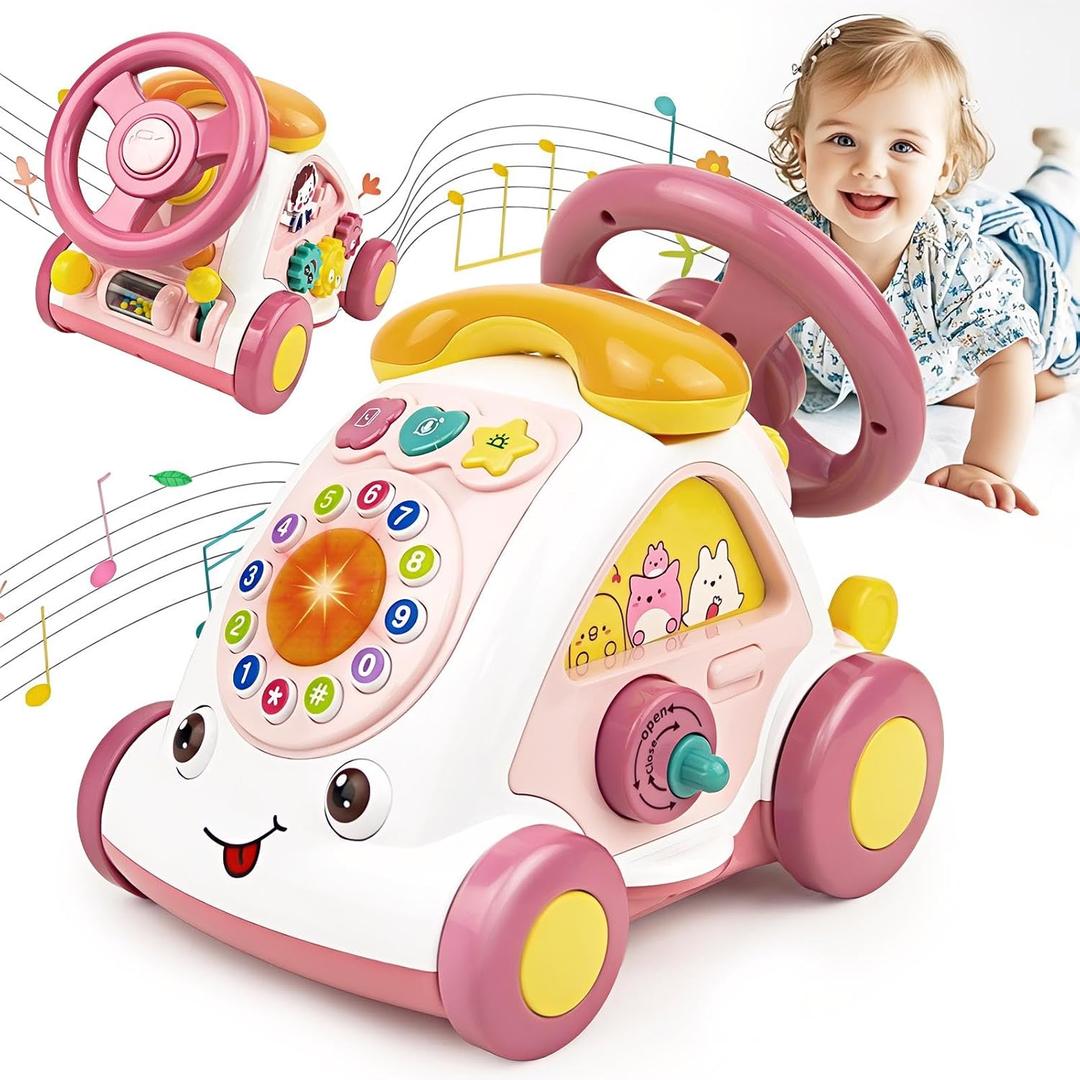 Love&Mini Baby Musical Toys for 1 Year Old Girl - Crawling Steering Wheel Toys with Car, Telephone, Lights & Sounds - Multi-Functional Educational Gifts for 18+ Months Old Girls Birthday Xmas