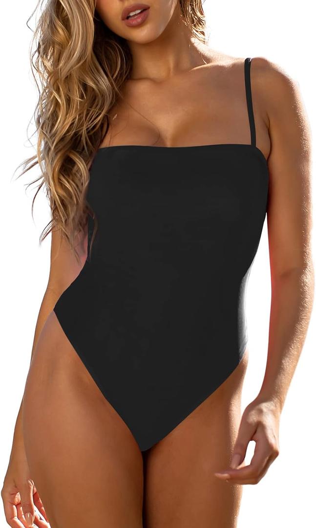 RELLECIGA Women's Bandeau One Piece Swimsuits (Large, Black)