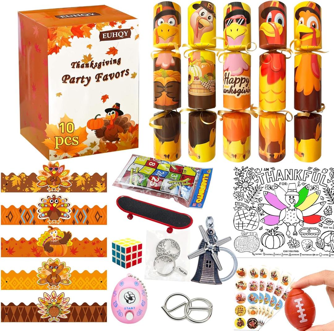 10Pack 10" Thanksgiving Non-Snap Party Favors - Turkey Design With Thanksgiving Hat, Joke and Gift For Adults
