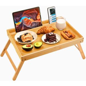 Bamboo Bed Tray Table, Large Breakfast Tray - 21.7x14 Inch with Folding Legs, Multipurpose Serving Tray Use As Portable Laptop Snack Table, for Working, Eating, Reading by Pipishell (Yellow)