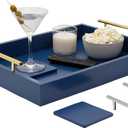 Juvale Coffee Table Tray - 15.7 x 11.8 x 3 in, Blue, Rustic Wood - Serving Tray with Interchangeable Gold & Silver Handles for Coffee Table Decor & Ottoman Use with 2 Coasters