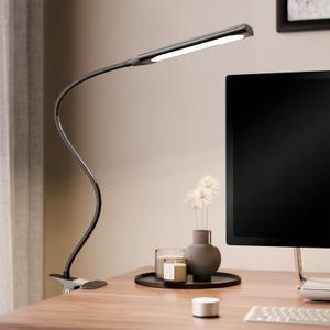 Desk Lamp Clip on LED Desk Lamp 3 Color Modes 14 Brightness Dimmable Table Lamp Metal Clip 360° Adjustable Flexible Arm Portable Reading Lamp, Suit for Reading/Studying/Working Black