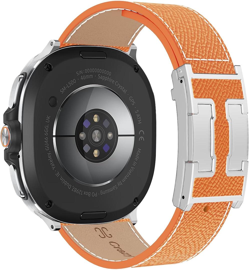 Magnetic Leather Band Compatible with Compatible with Samsung Galaxy Watch 8 40mm/44mm/Classic 46mm 2025,Magnetic Replacement Strap for Galaxy Watch 8 Women Men ((Epsom) Orange band+Silver Buckle)