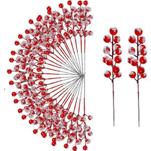 Fvawe 32 Pcs Christmas Tree Decorations, Tree Ornaments, 8 Inch Artificial Snowy Red Berry Stems Christmas Picks Filler, Holly Frosted Berries Xmas Holiday Decor