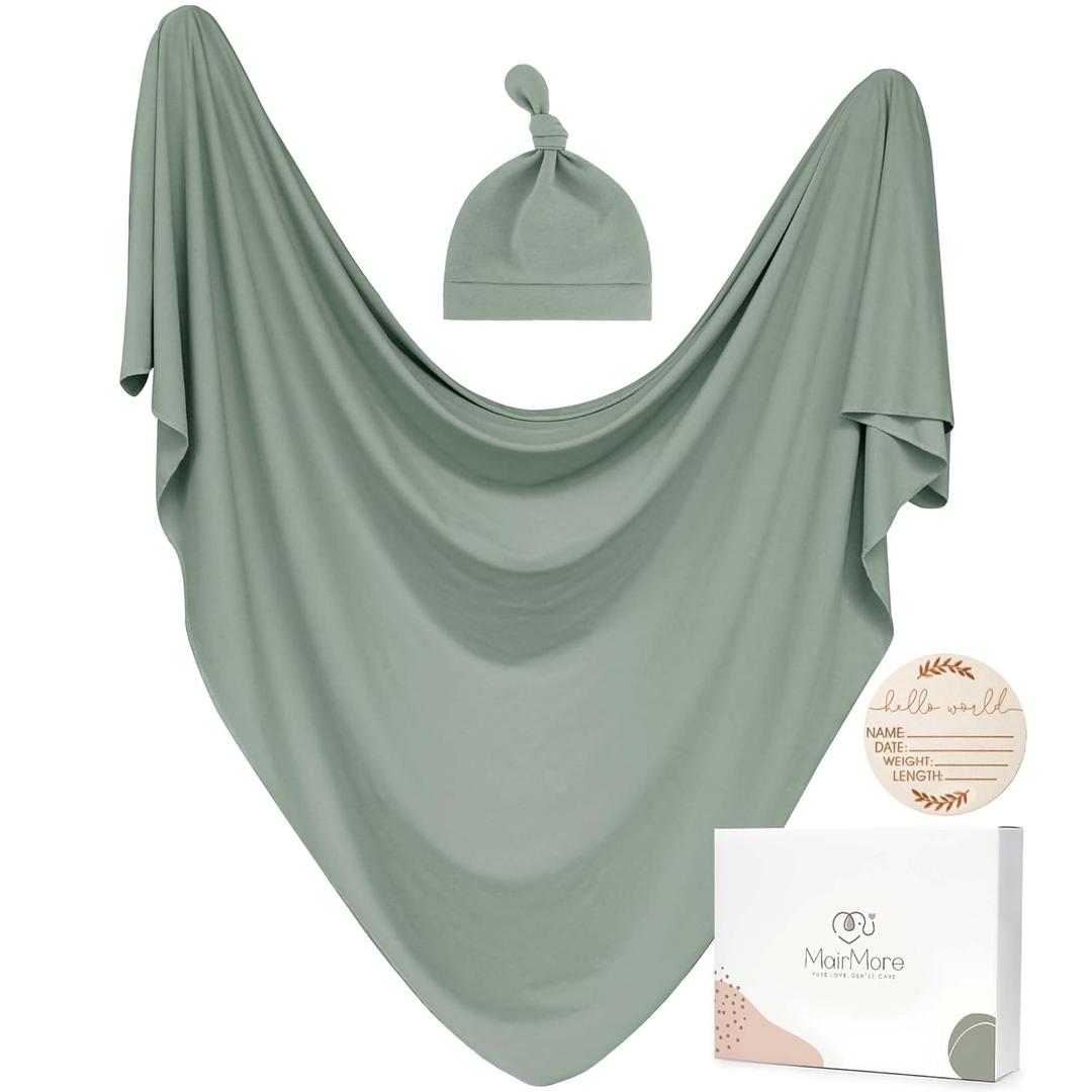 MairMore Baby Swaddle Receiving Blankets with Matching Beanie Set Newborn Nursery Swaddle Wrap for Baby Girls and Boys (Green)