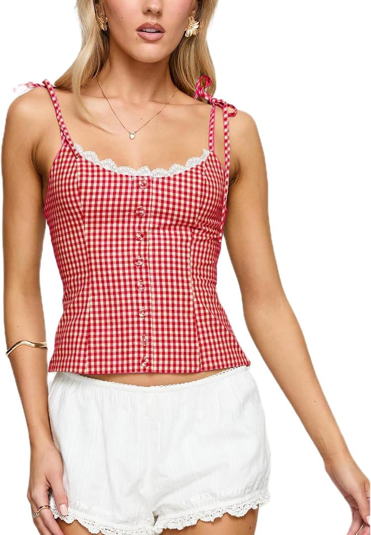 Women Y2K Gingham Plaid Tank Top Lace Trim Sleeveless V Neck Cami Shirt Button Up Tie Shoulder Slim Straps Camisole (Small)
