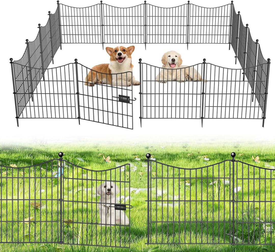 10 Panels Decorative Garden Fence with Gate, 24 in(H) X 20 ft(L) No Dig Dog Fence Animal Barrier Outdoor for Yard, Rustproof Metal Garden Edging and Borders, Temporary Fencing Stakes