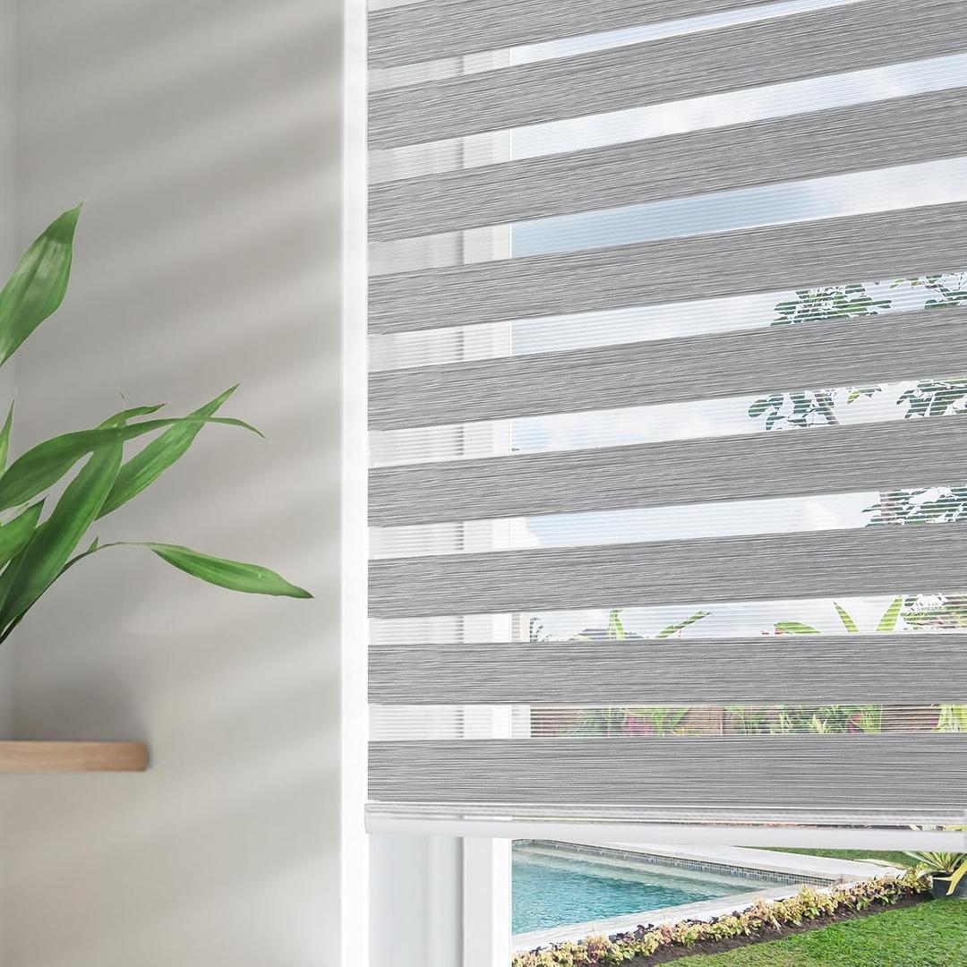 Joydeco Cordless Zebra Blinds for Windows, Dual Layer Free-Stop Zebra Shades Privacy Light Control for Day and Night, Light Filtering Sheer Blinds for Indoor Windows (Grey, 36" W x 75" H) (36" W x 75" H Ready Made, Grey)