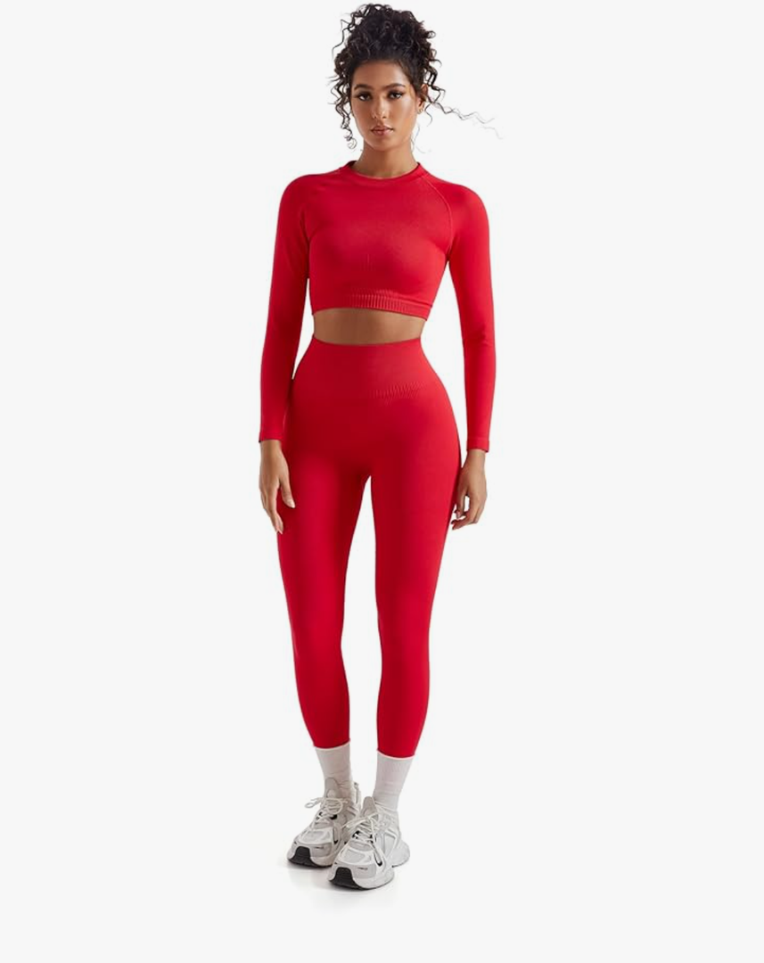 Women 2 Piece Workout Sets Hidden Scrunch Hip Lifting Seamless Leggings Long Sleeve Yoga Crop Tops, Size Large