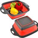 Square Collapsible Colander with Handles  Red Square Silicone Kitchen Strainers with Plastic Handles Foldable Kitchen Strainer Perfect for Draining Pasta Vegetable and Fruit Red
