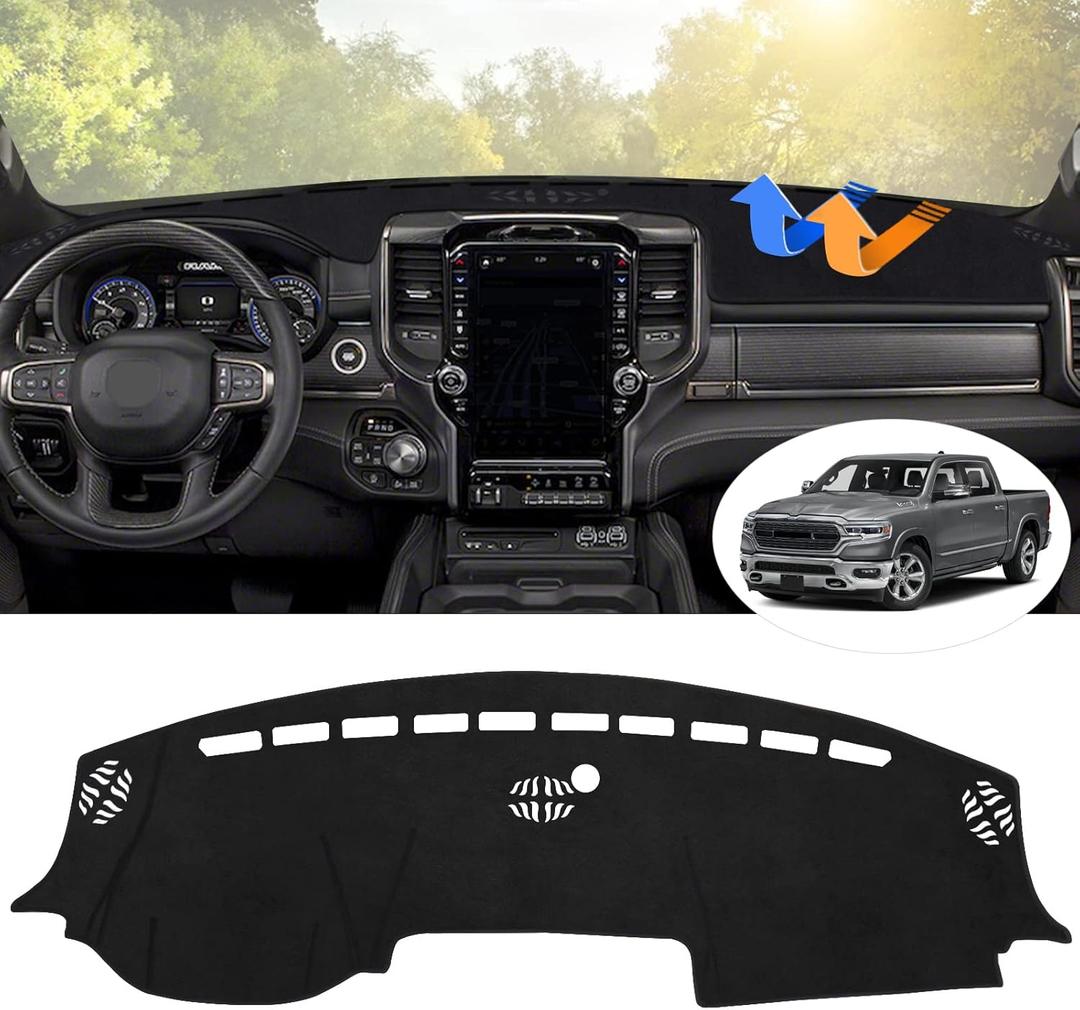 Autorder Dashboard Cover Mat for 2019-2026 Dodge Ram 1500 2500 3500 Accessories Dash Cover Flannel Dash Mat Sunshade Glare UV Rays Protector Black