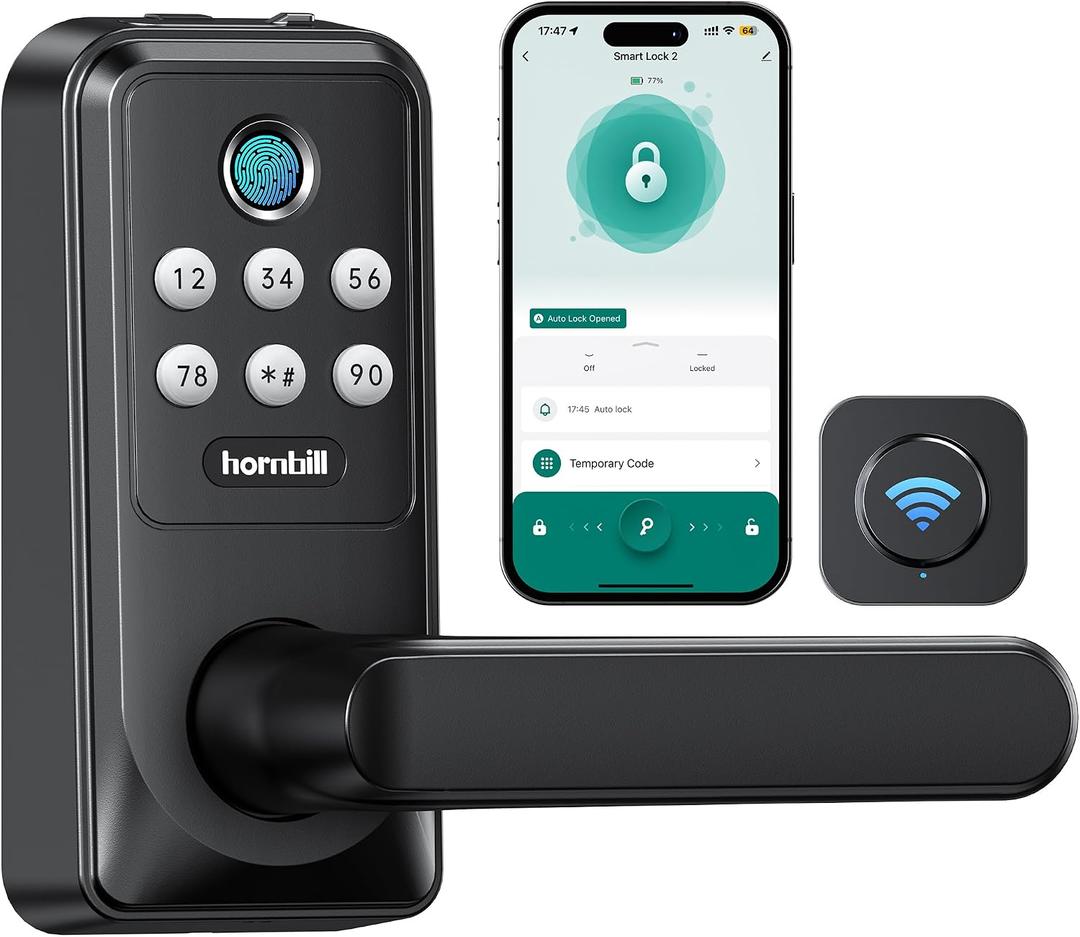 WiFi Smart Lock: Hornbill Keyless Entry Door Lock with Handle, APP Remote Keypad Fingerprint Code Unlock, Auto-Lock, Suitable for Home/Office/Rental/Hotel