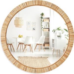 Barnyard Designs Round Rattan Wall Mirror, Natural Tan Woven Rattan Frame, Indoor Decorative Mirror for Bedroom Living Room Entryway (25.5", Round)