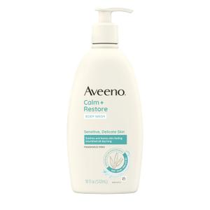 Aveeno Calm + Restore Daily Body Wash for Sensitive, Delicate Skin, Gentle Cleanser with Oat, Aloe & Pro-Vitamin B5 Soothes & Leaves Skin Feeling Nourished, Fragrance Free, 18 fl. oz