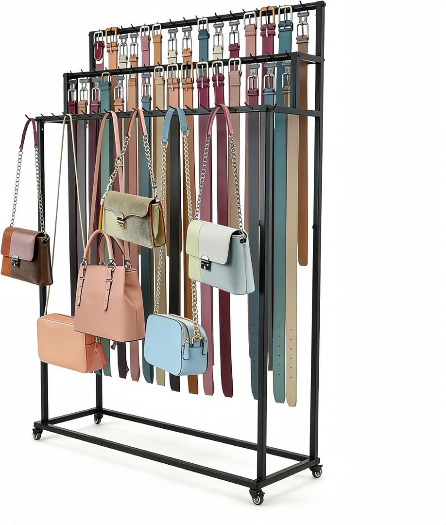 Belt Rack,Belt Display Organizer,Retail Rack for Belts Ties Bags
3-Tier Rolling Belt,42 storage hooks,mobile wheeled design,black metal rack for belts ties bags retail shop display