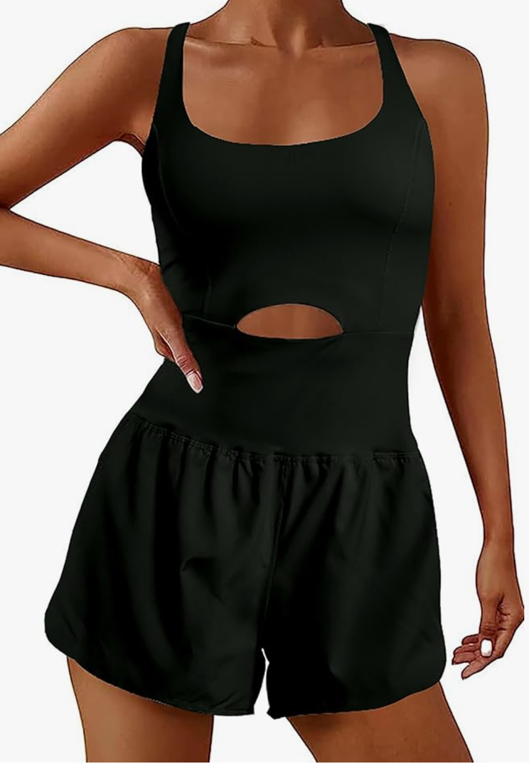 YOAKUKA Womens Workout Rompers Running Outfits Padded Bra Tennis Exercise Jumpsuits Gym Clothes, Color Black, Size Medium 