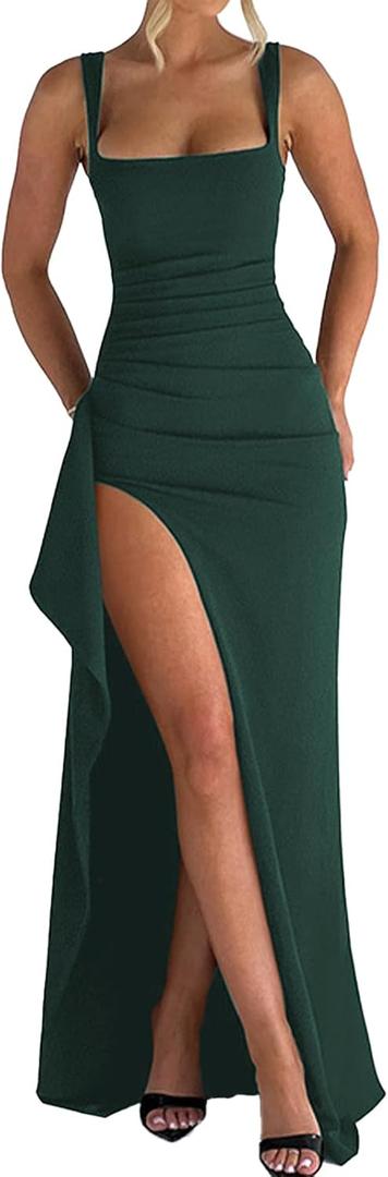 ABYOVRT Women Formal Dresses Sleeveless Bodycon Ruched High Slit Sexy Maxi Dress Cocktail Prom M