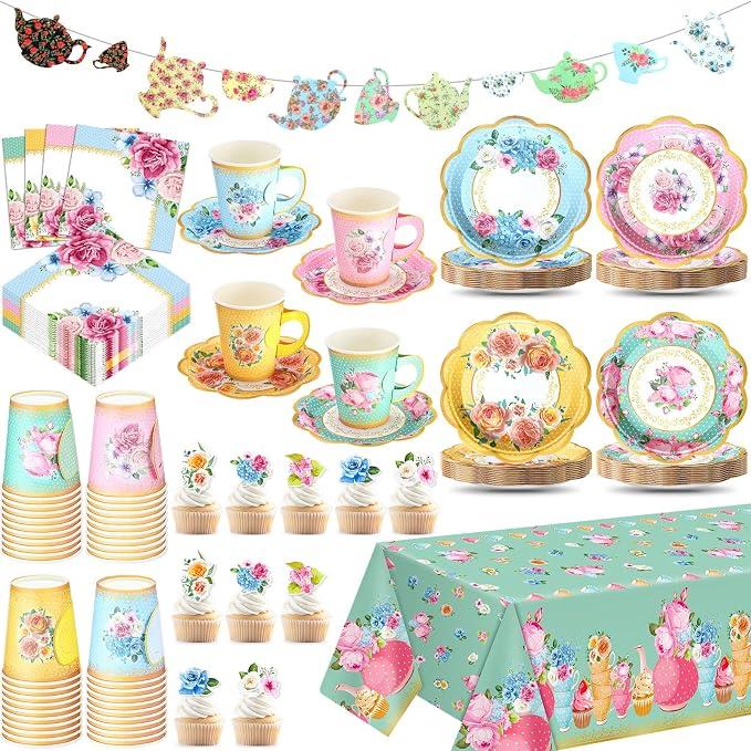 FoldTier 162 Pcs Floral Paper Tea Party Supplies Disposable 9 oz Tea Cup with Handle Flower Plates Napkin Cupcake Topper Decoration Banner Plastic Tablecloth for Birthday Wedding Bridal Baby Shower