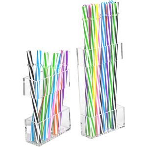 2 PACK Acrylic Straw Holder for Cabinet Doors, Reusable Straw Organizer with Ultra-Sticky Adhesive, Small Kitchen Accessories Container, Fits Both Short & Long Straws (Transparent)