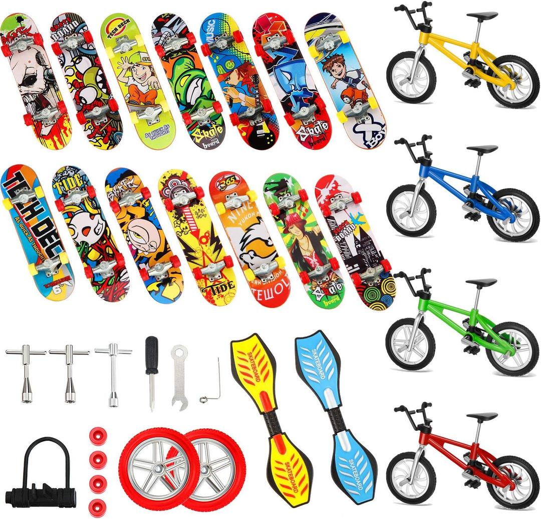 Gejoy 31 Pieces Mini Finger Toys Set Finger Skateboards for Kids Mini Bikes Tiny Swing Board with Replacement Wheels and Tools Fingertip Movement Party Favors for Kids Gifts for Ages 6 and up