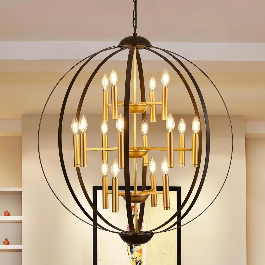 31.5''Black Gold 8-Light Globe Chandelier, Modern Industrial Adjustable Hanging Ceiling Pendant Light Fixture for Entryway Foyer Stairway Hallway Bedroom Living Room Kitchen Island (D 31.5, Black+Gold)