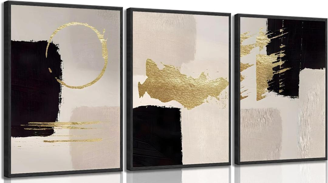 3Pcs Black and White Abstract Canvas Wall Art, Minimalist Black Beige Gold Paintings Pictures Wall Decor, Modern Posters Prints Artwork, for Living Room Bedroom Office Decoration, 12x16in (16L"x12W")