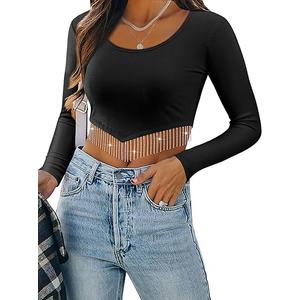 ZXZY Women Soft Ribbed Sparkly Rhinestone Fringe Long Sleeve Crop Top Cropped T Shirts Black S  