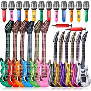 Tradder 24 Pcs Inflatable Rock Star Toy 37 Inch Set, Blow up Guitar Bulks Include Inflatable Guitar 24'' and 10'' Microphone for 80s 90s Musical Themed Party, Birthday Party Decor