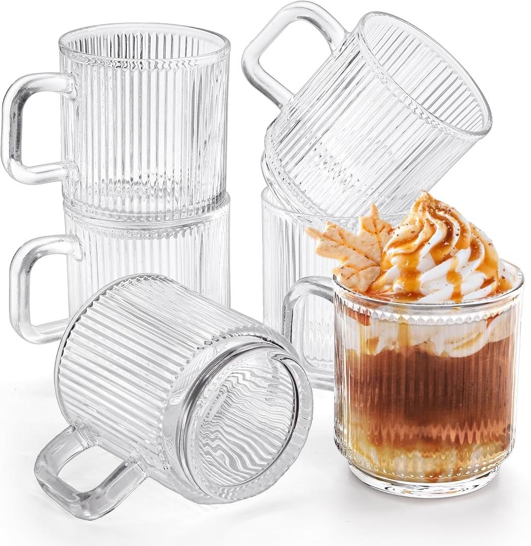 6 Pack Premium Glass Coffee Mugs with Handle, 12 Oz Classic Vertical Stripes Glass Tea Cups, Transparent Ribbed Beverage Mugs, Clear Vintage Glassware Set for Hot Cold Americano, Cappuccino