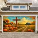 Thanksgiving Garage Door Cover Fall Garage Door Banner Pumpkin Garage Door Decorations Autumn Garage Mural 13x6ft Cross Harvest Sunflower Barn Backdrop for Outdoor Fall Porch Decor (orange-yellow-green)