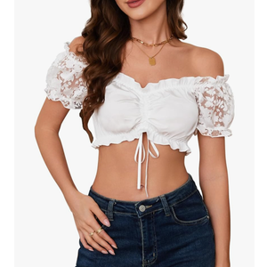 Women's Germen Bavarian Traditional Costume Blouse Oktoberfest Dirndl Puff Sleeve Crop Top XXL