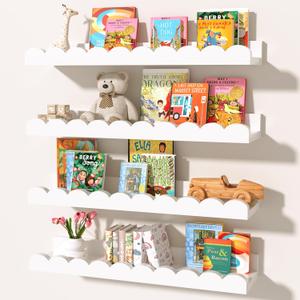 Nursery Book Shelves for Wall ,4-Pack Floating Kids Bookshelf for Bedroom, Nursery and Playroom - Wall Mounted, Space Saving, Easy to Install, Holds Multiple Books - Ideal for Childrens Room Storage (4pc-15.7in, White)